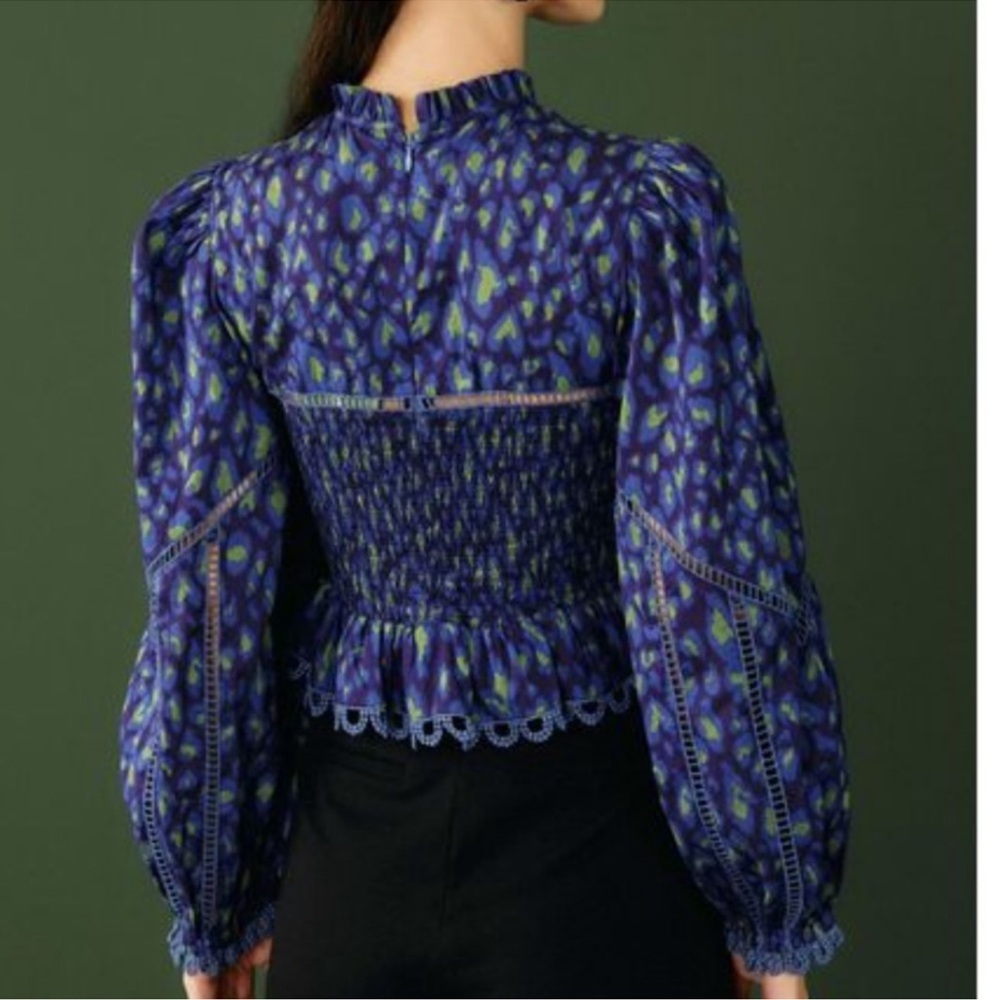Farm Rio Leopard Pop Smocked Embroidered Lace Long Sleeve Peplum Top - Picture 3 of 14